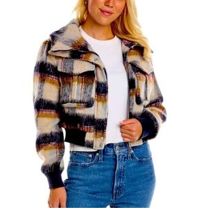 7 For All Mankind Plaid fuzzy Bomber Jacket brown blue plaid size XS